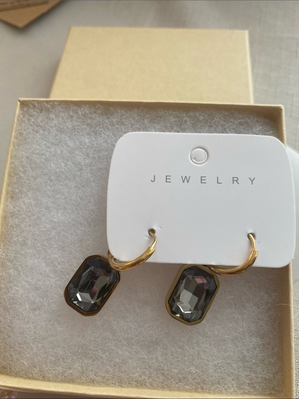 Gold Hoop Earrings with Smoky Gray Crystal Pendants